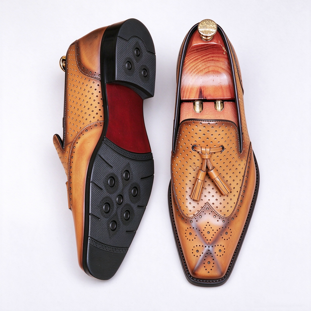 Men's brown exotic leather loafers with crocodile and ostrich skin textures, displaying luxury dress shoes with wooden shoe trees.
