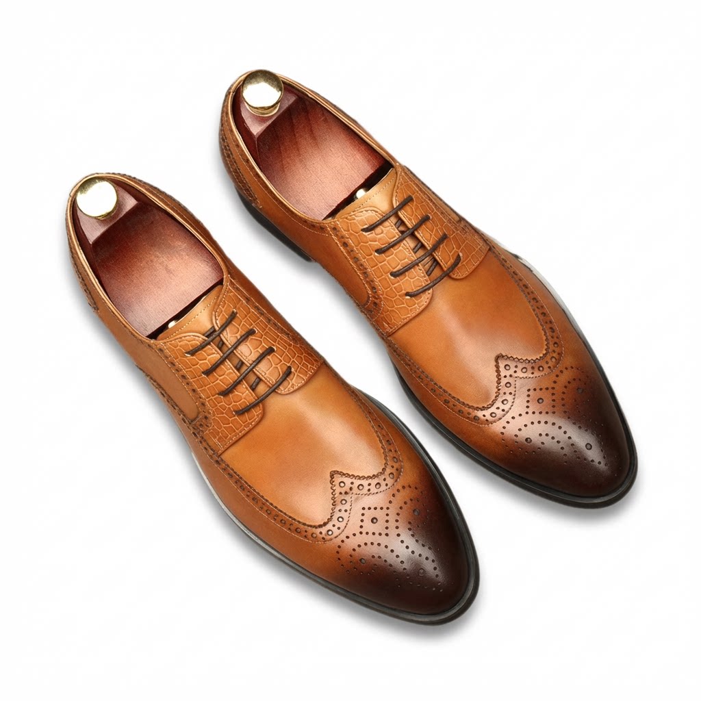 Elegant brown wingtip brogue leather derby shoes featuring a classic perforated design.