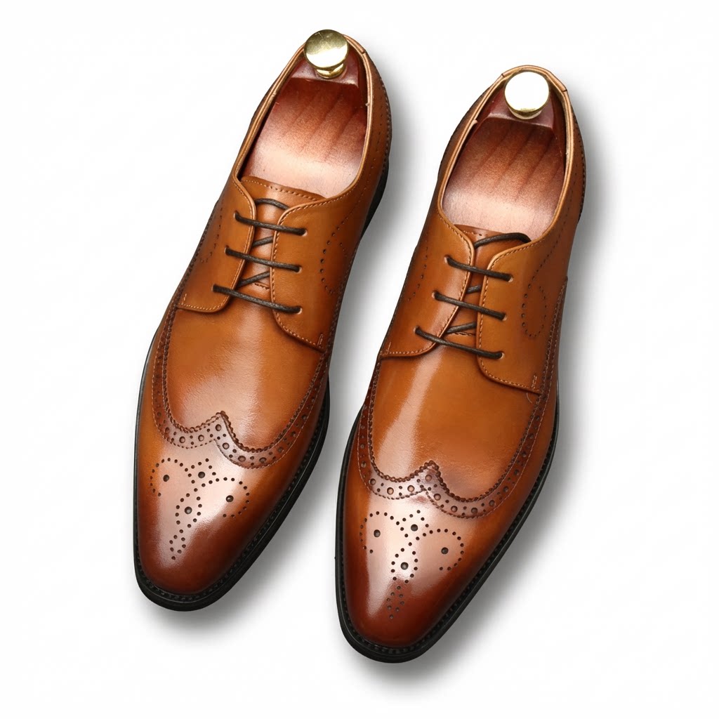 Elegant brown wingtip brogue leather derby shoes with a classic British vintage style.