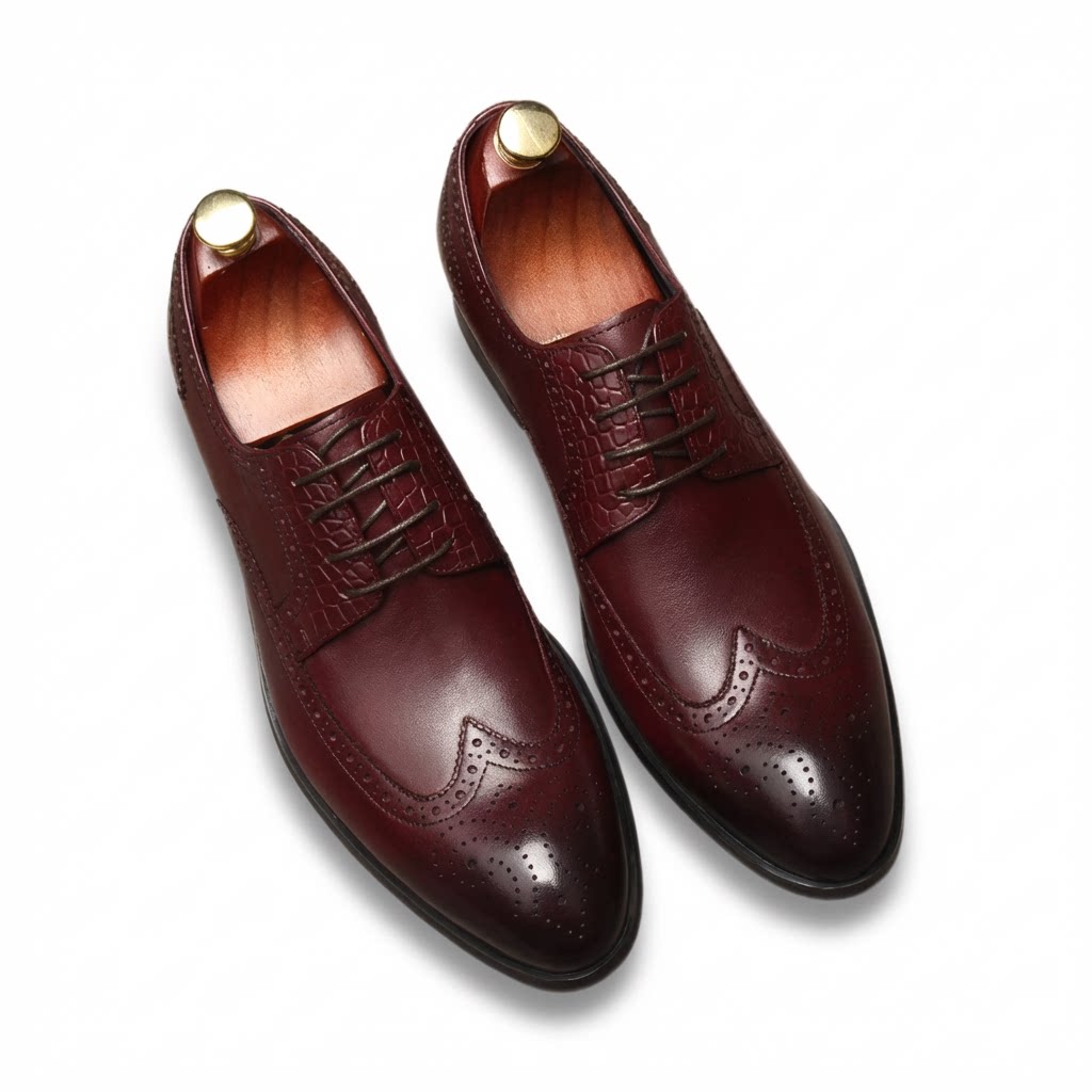 Sophisticated burgundy wine red brogue derby shoes in premium genuine leather.