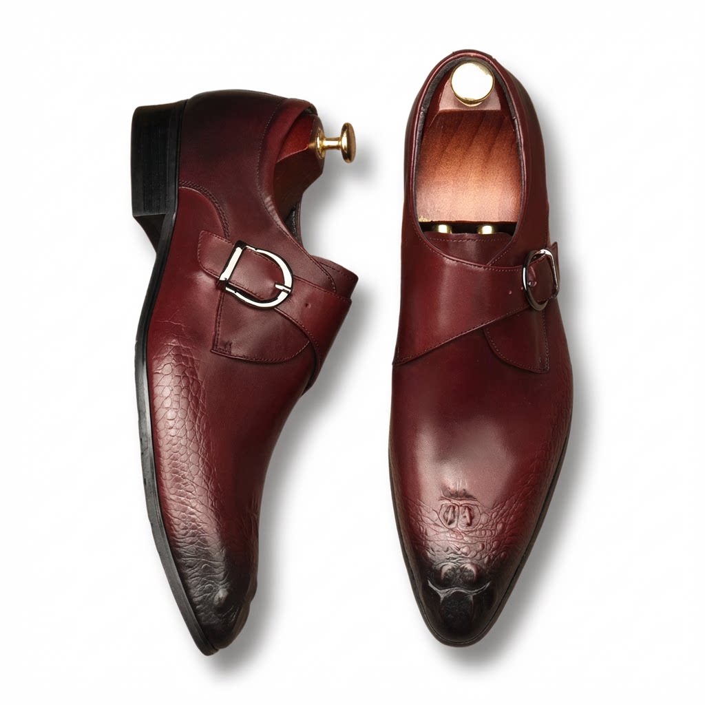 Sophisticated burgundy wine red crocodile pattern leather monk strap shoes for business parties.