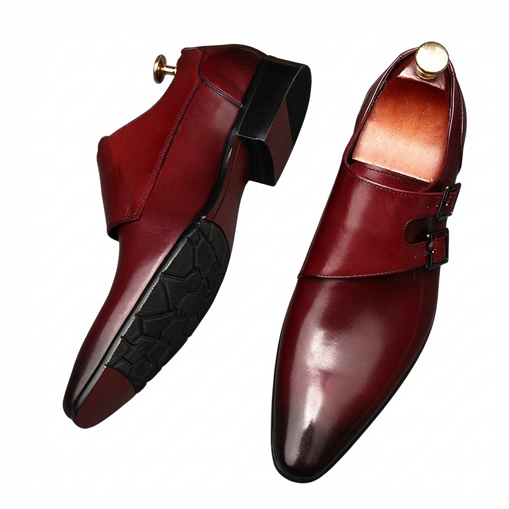 Elegant burgundy wine red double monk strap leather shoes with a sleek professional silhouette.