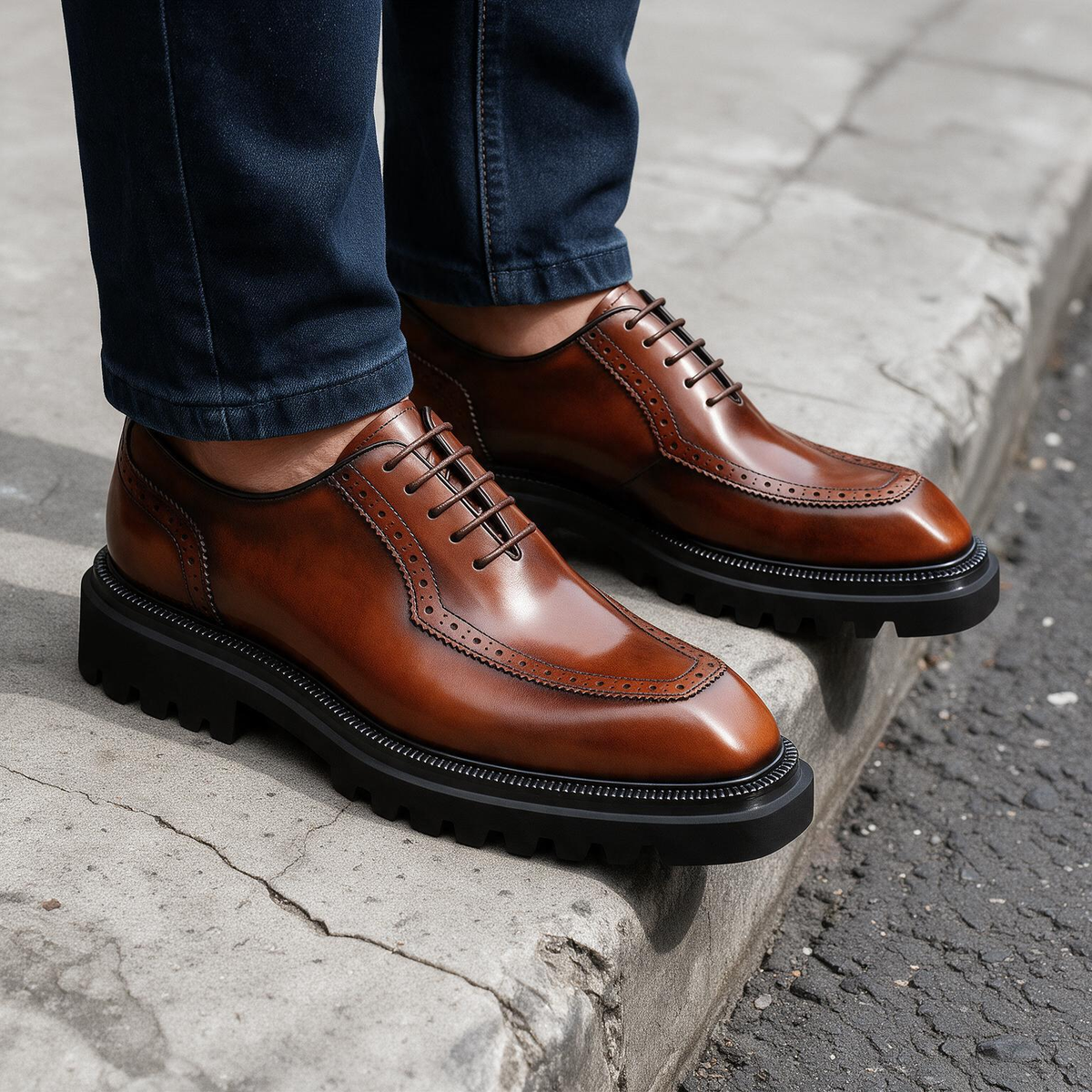 Men's brown wingtip brogue oxford shoes with chunky lug sole and black lace-up trim