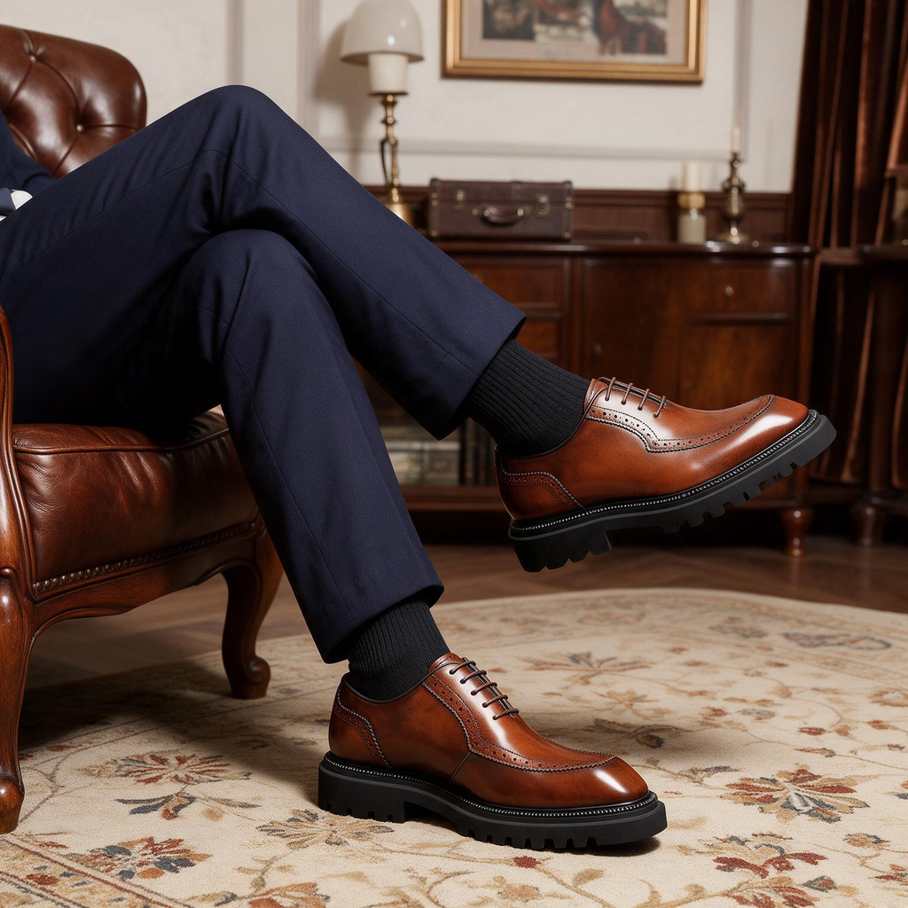 Men's brown wingtip brogue oxford shoes with chunky lug sole, lace-up style