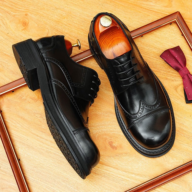 Men's Burnished Derby Shoes: Wingtip Leather Elevator Dress Shoes