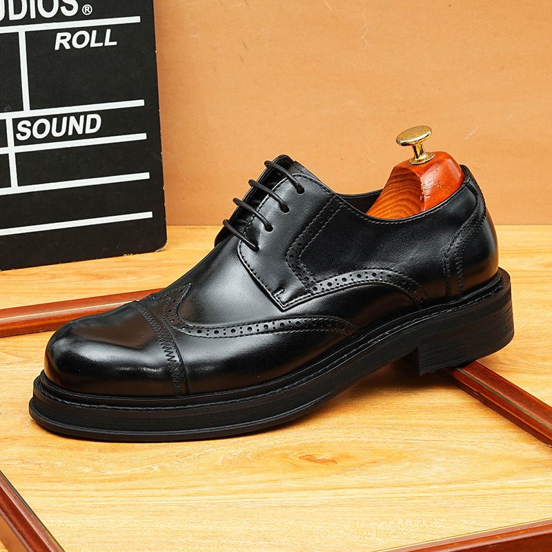 Men's Burnished Derby Shoes: Wingtip Leather Elevator Dress Shoes