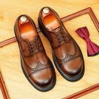 Men's Burnished Derby Shoes: Wingtip Leather Elevator Dress Shoes