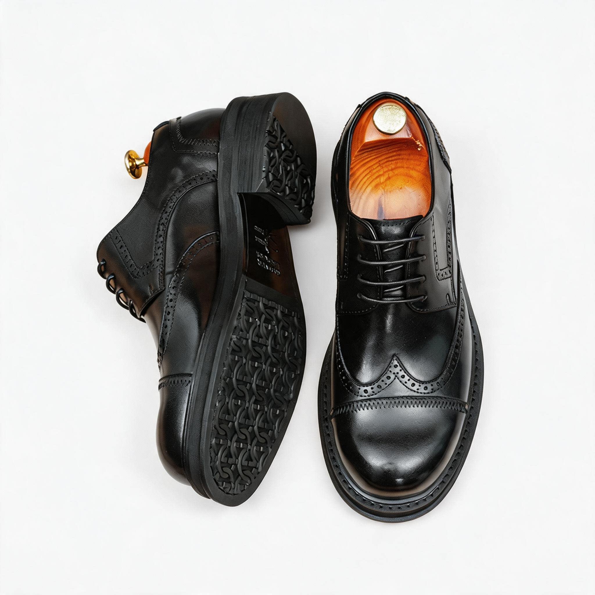 Men's Burnished Derby Shoes: Wingtip Leather Elevator Dress Shoes