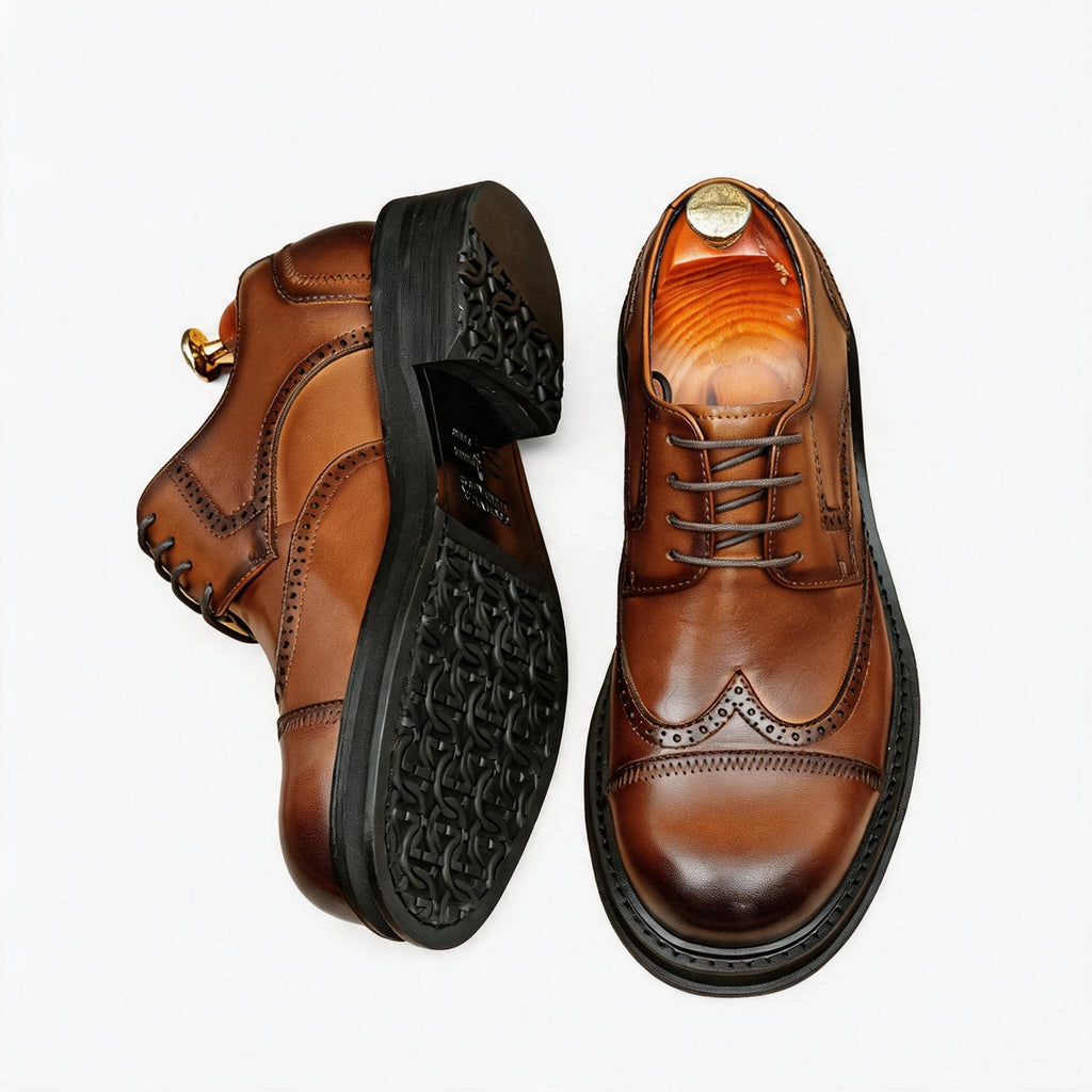 Men's Burnished Derby Shoes: Wingtip Leather Elevator Dress Shoes