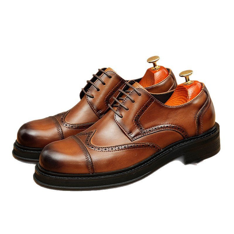 Men's Burnished Derby Shoes: Wingtip Leather Elevator Dress Shoes