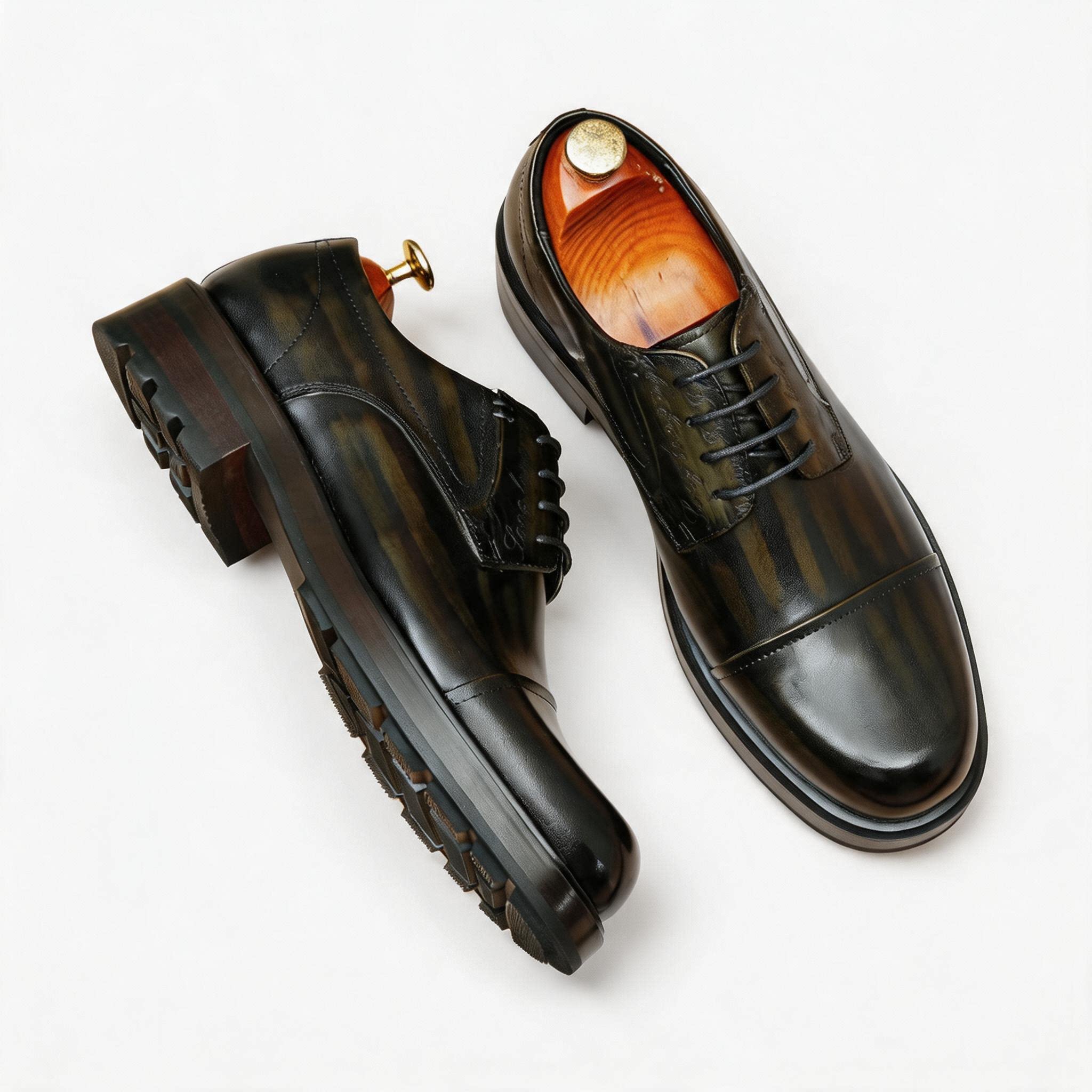 Men's Burnished Leather Shoes: Cap Toe Wedding Dress Shoes