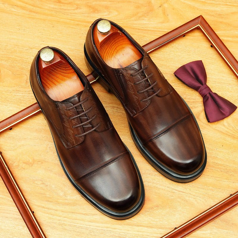 Men's Burnished Leather Shoes: Cap Toe Wedding Dress Shoes