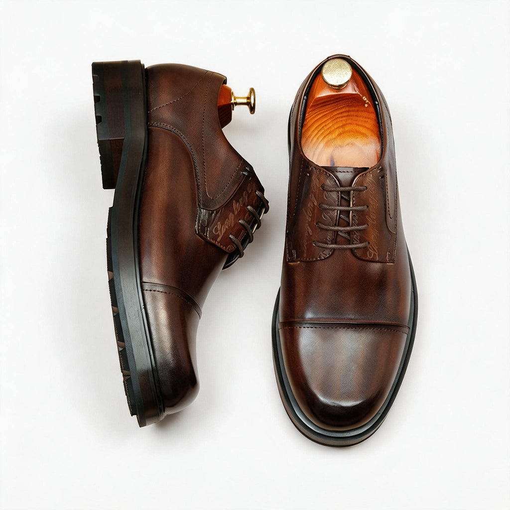 Men's Burnished Leather Shoes: Cap Toe Wedding Dress Shoes