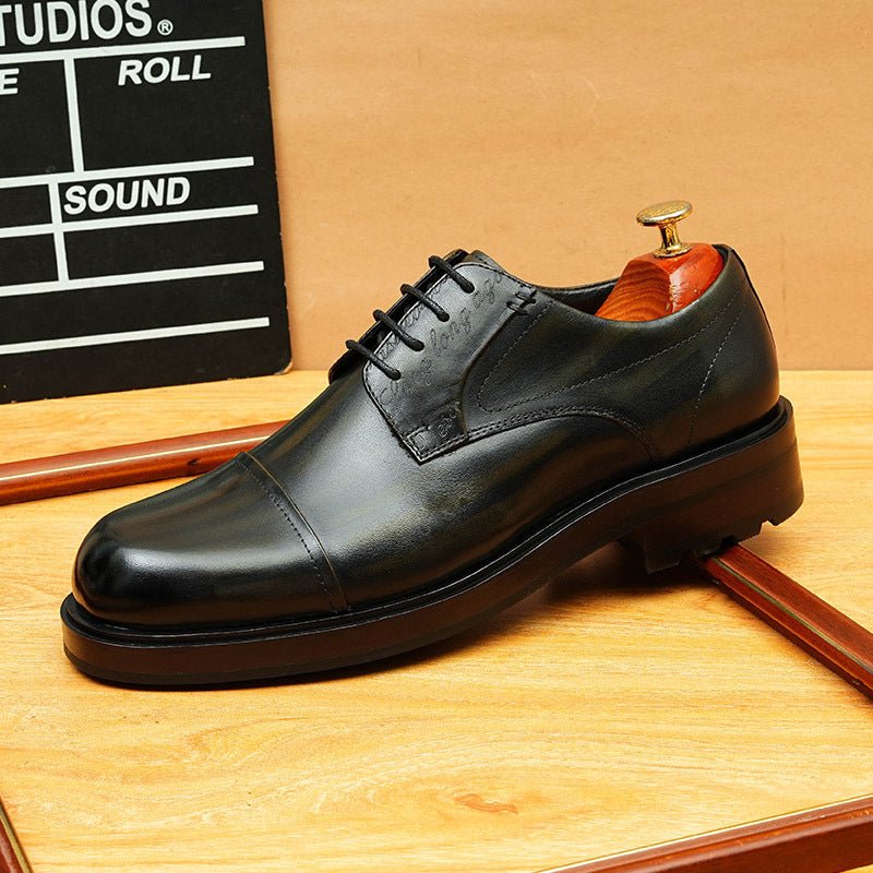 Men's Burnished Leather Shoes: Cap Toe Wedding Dress Shoes