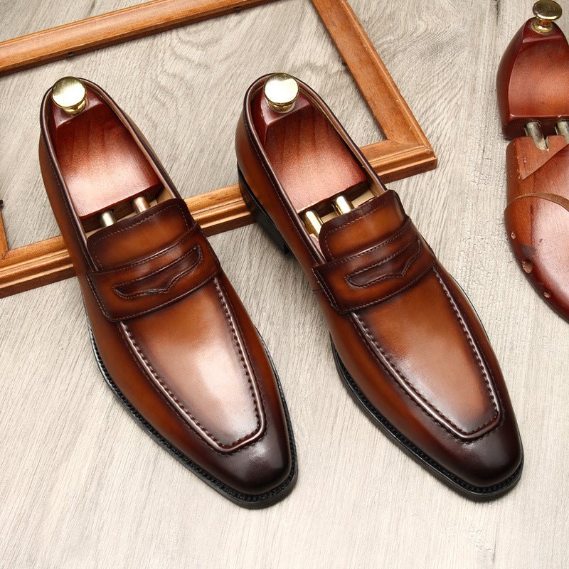 Men's Burnished Penny Loafers: Stylish Pointed Toe Wedding Dress Shoesyes
