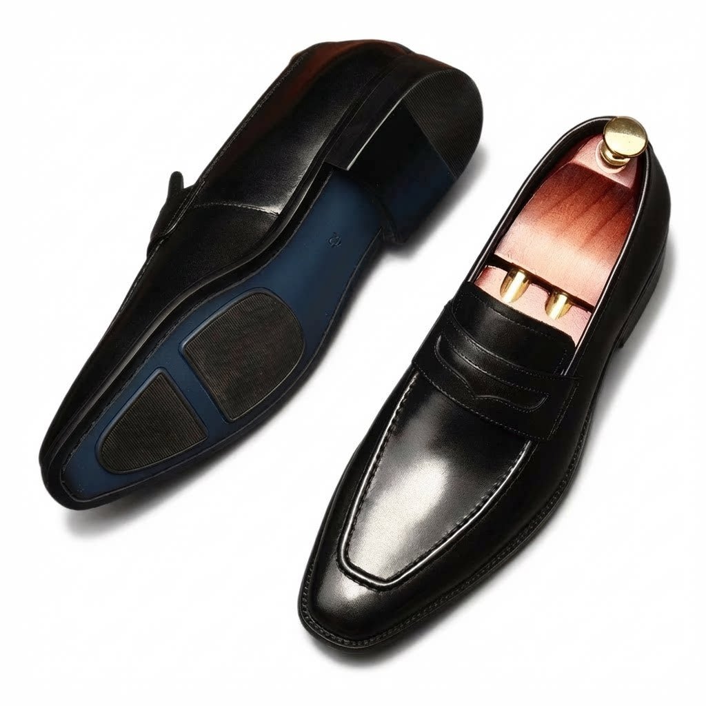 Men's Burnished Penny Loafers: Stylish Pointed Toe Wedding Dress Shoesyes