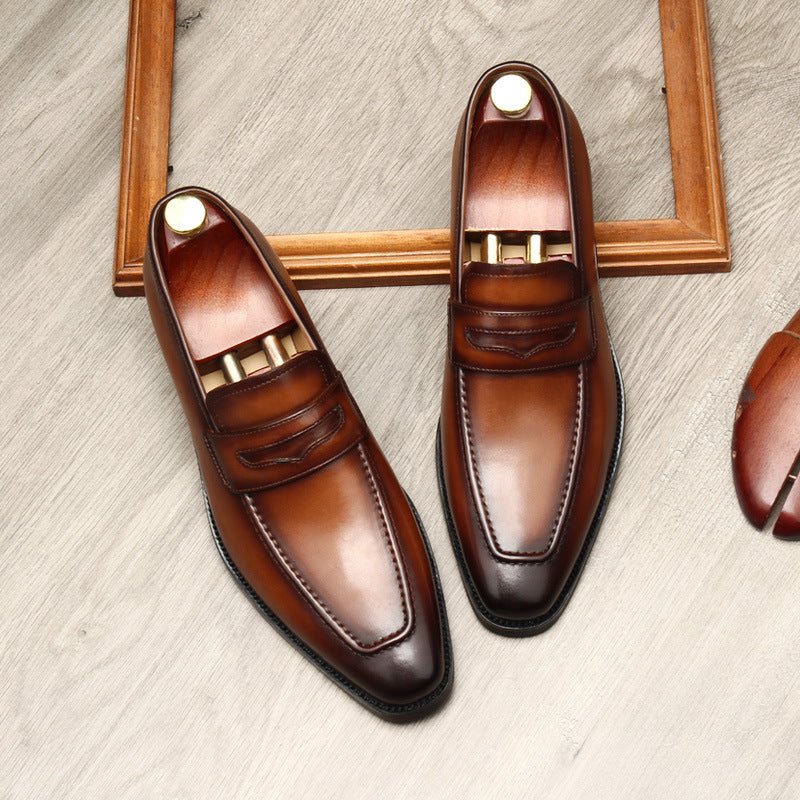 Men's Burnished Penny Loafers: Stylish Pointed Toe Wedding Dress Shoesyes