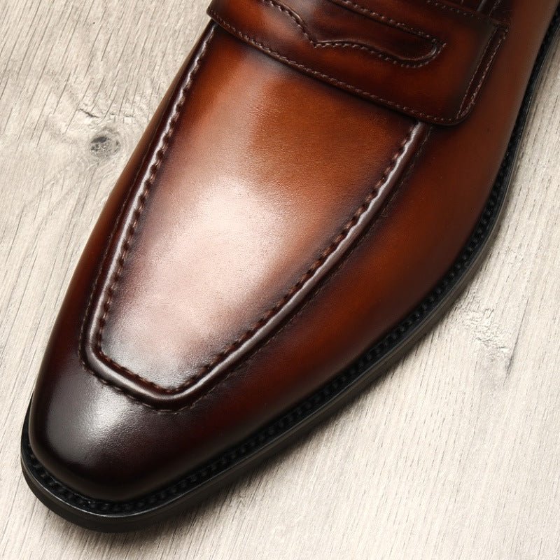 Men's Burnished Penny Loafers: Stylish Pointed Toe Wedding Dress Shoesyes
