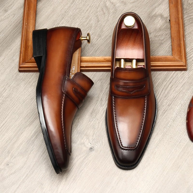 Men's Burnished Penny Loafers: Stylish Pointed Toe Wedding Dress Shoesyes