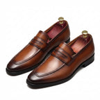 Men's Burnished Penny Loafers: Stylish Pointed Toe Wedding Dress Shoesyes