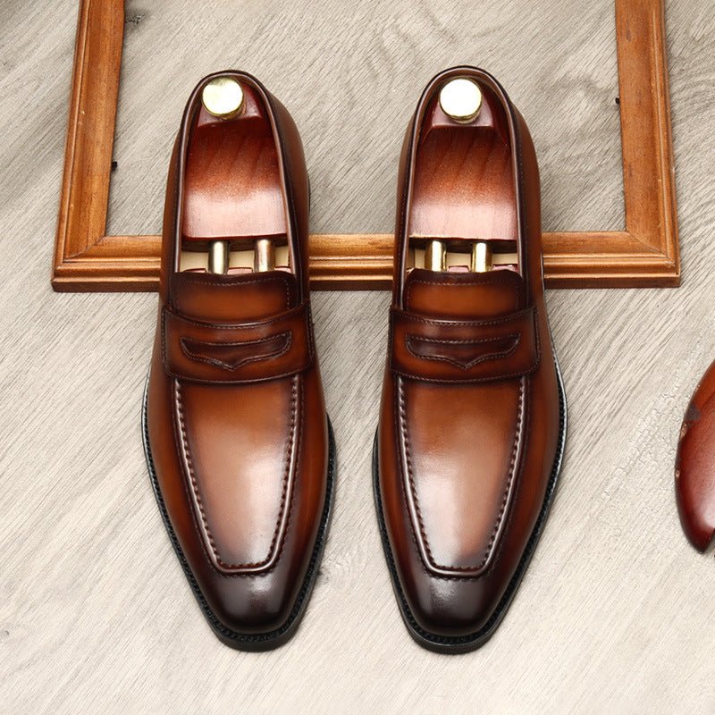 Men's Burnished Penny Loafers: Stylish Pointed Toe Wedding Dress Shoesyes