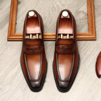 Men's Burnished Penny Loafers: Stylish Pointed Toe Wedding Dress Shoesyes