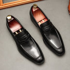 Men's Burnished Penny Loafers: Stylish Pointed Toe Wedding Dress Shoesyes