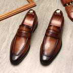 Men's Burnished Penny Loafers: Stylish Pointed Toe Wedding Dress Shoesyes