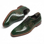 Men's green calligraphy script engraved leather oxford dress shoes