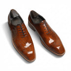Men's brown calligraphy script engraved leather oxford dress shoes