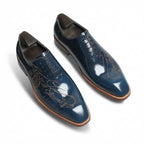 Men's blue calligraphy script engraved leather oxford dress shoes