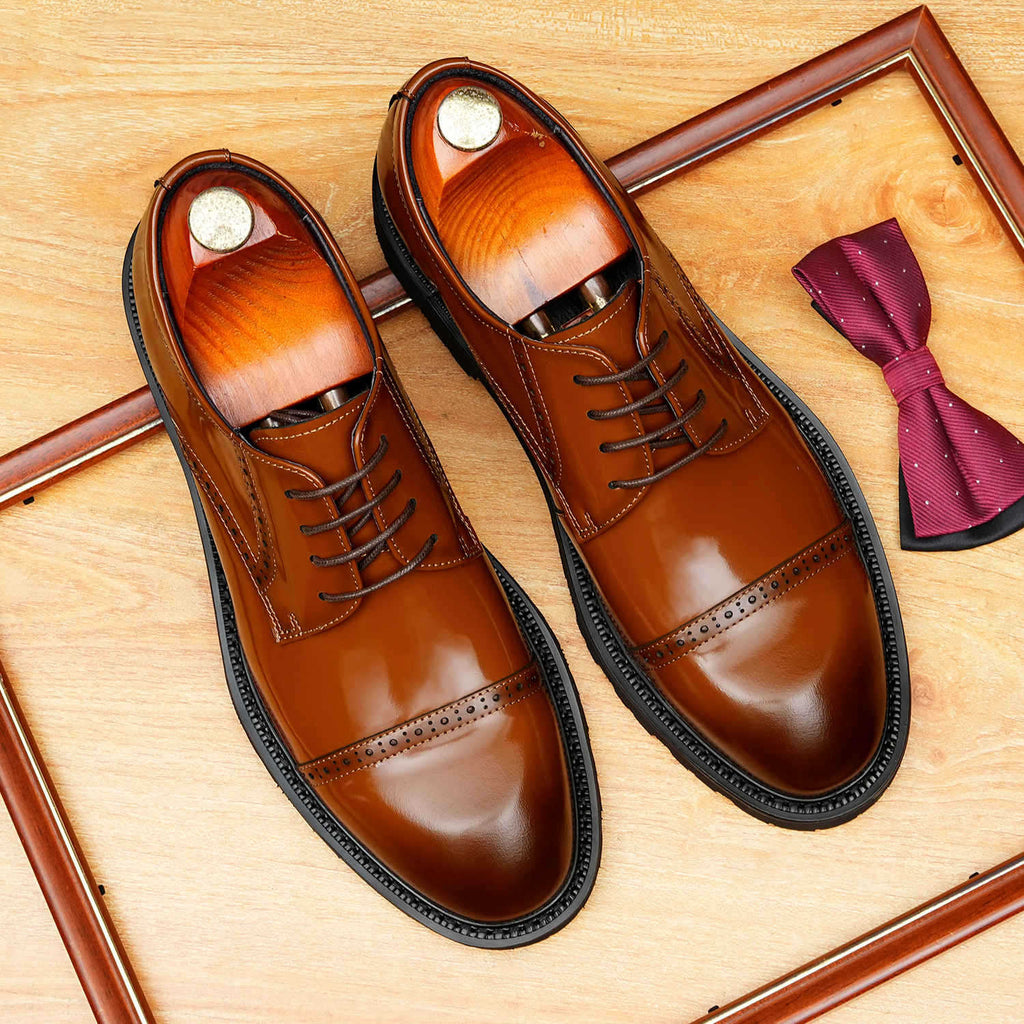 Men's Cap Toe Brogue Derbies: Genuine Leather Formal Dress Shoes