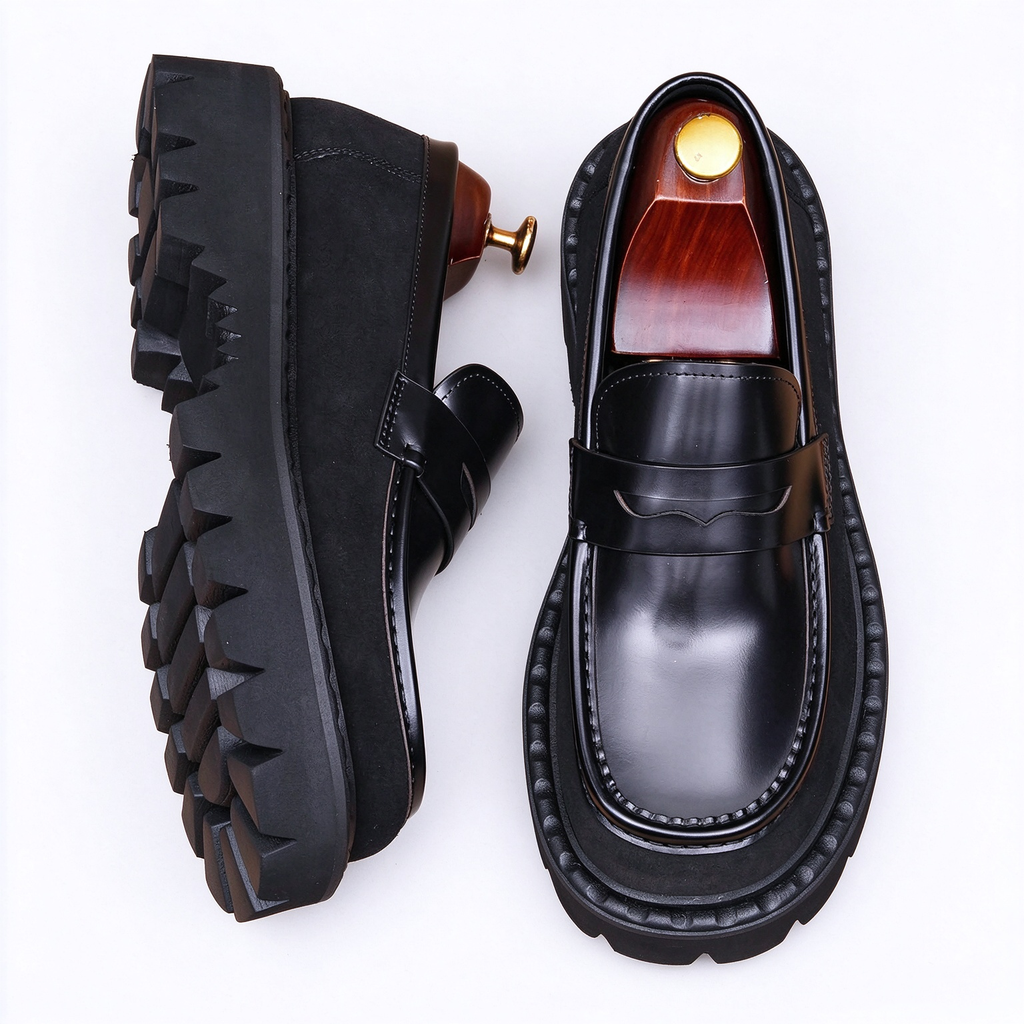 Pair of men's black leather loafers featuring a chunky sole design, modern slip-on dress shoes for formal and casual wear.

