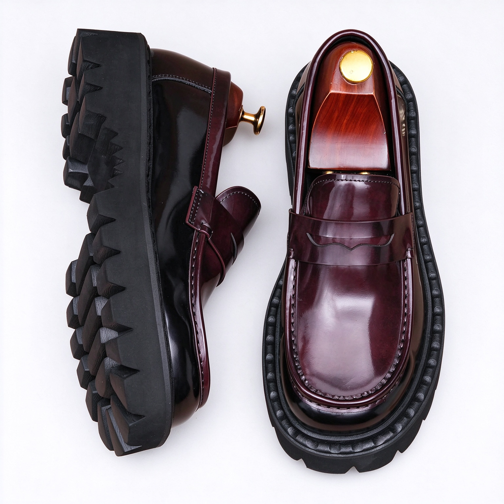Men's burgundy leather loafers with a thick chunky sole, stylish slip-on dress shoes in a deep wine red finish.
