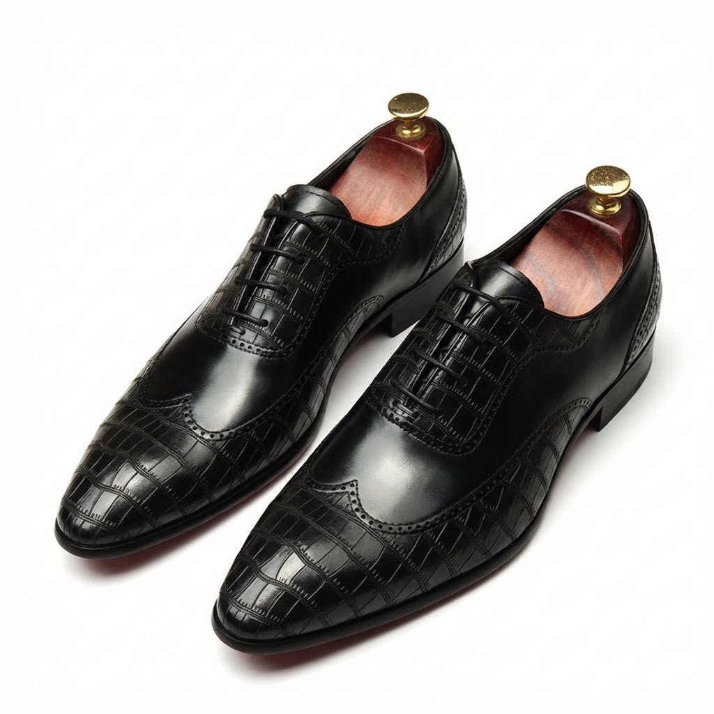 Men's Crocodile Embossed Dress Shoes: Pointed Toe Brogue Oxfordsyes