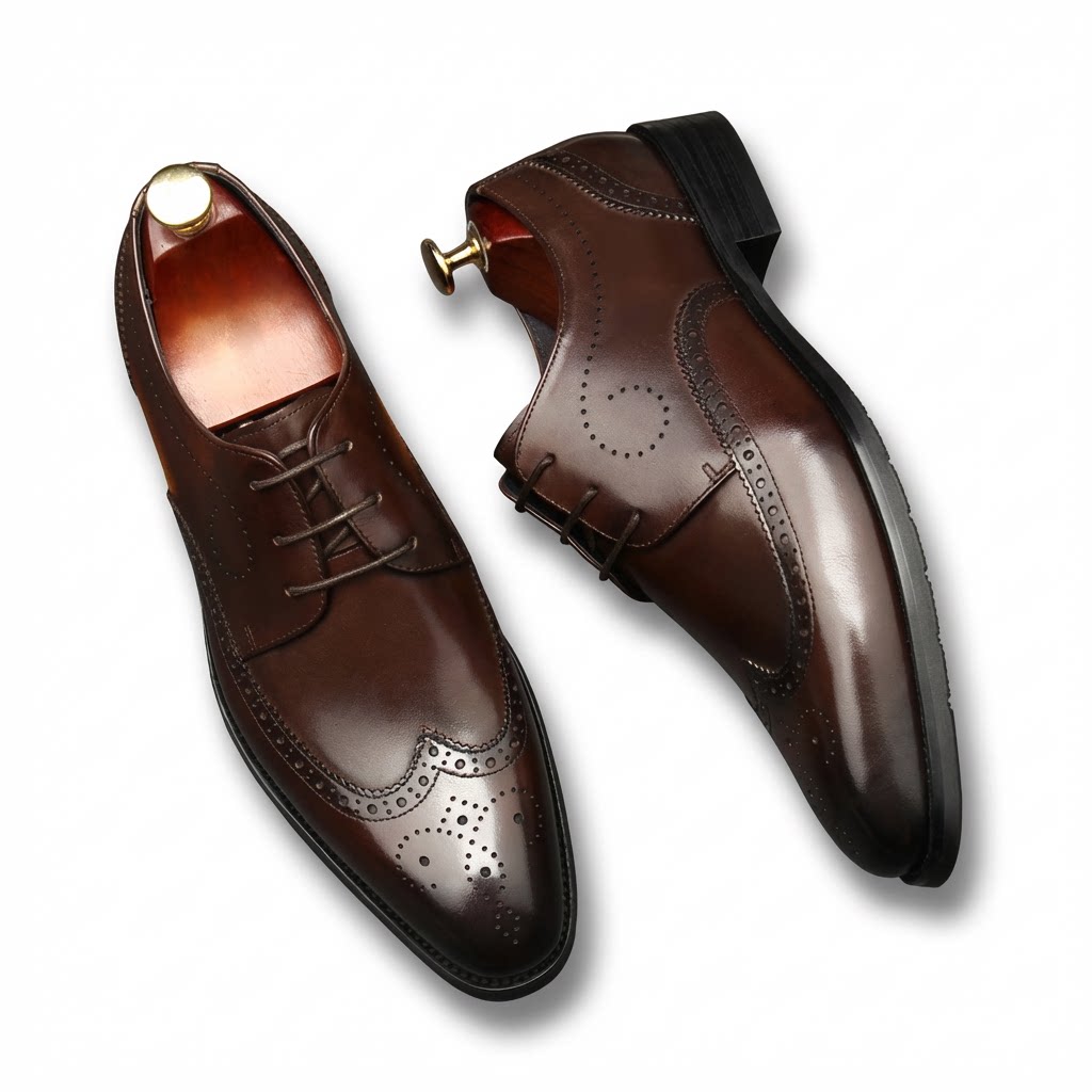 Sophisticated dark brown all leather brogue derbys featuring a durable rubber sole.
