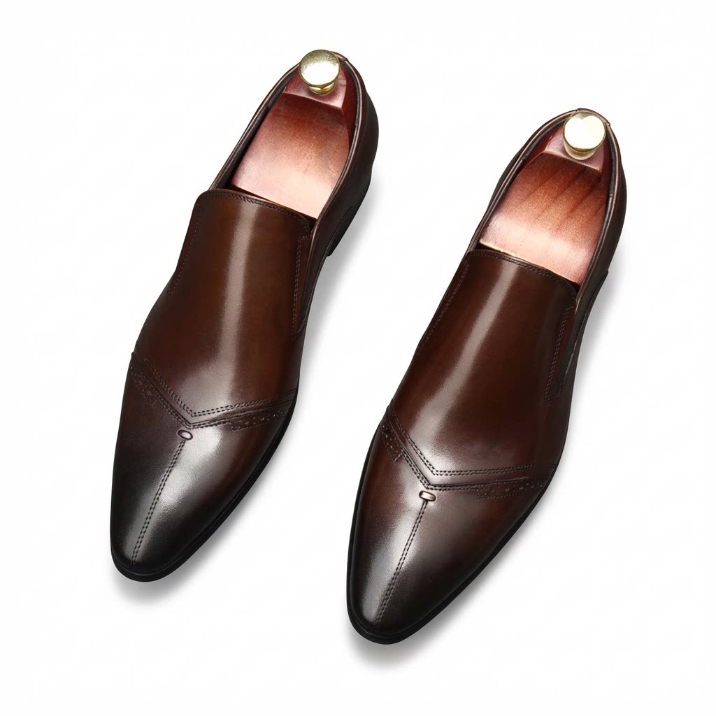 Premium dark brown leather formal slip-on dress shoes featuring a durable rubber sole.
