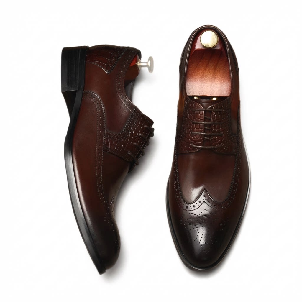 Professional dark brown perforated leather brogue derbys with a durable rubber sole.