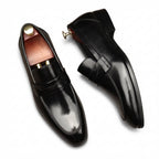 Men's Dark Burnished Penny Loafers: Pointed Toe Formal Wedding Dress Shoesyes