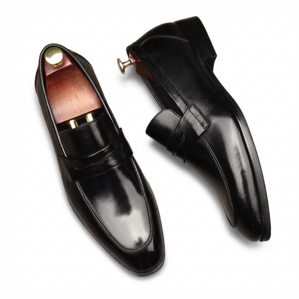 Men's Dark Burnished Penny Loafers: Pointed Toe Formal Wedding Dress Shoesyes