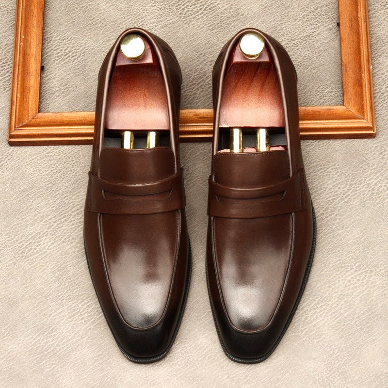 Men's Dark Burnished Penny Loafers: Pointed Toe Formal Wedding Dress Shoesyes