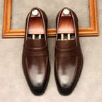 Men's Dark Burnished Penny Loafers: Pointed Toe Formal Wedding Dress Shoesyes