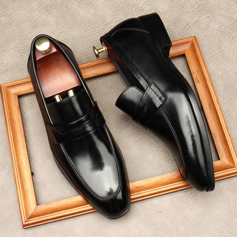 Men's Dark Burnished Penny Loafers: Pointed Toe Formal Wedding Dress Shoesyes