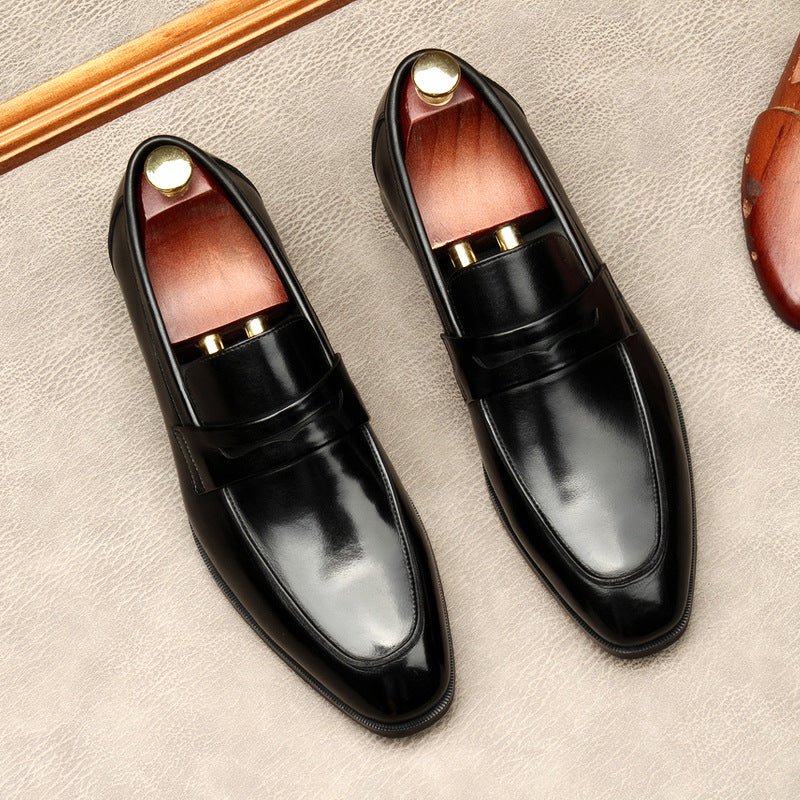 Men's Dark Burnished Penny Loafers: Pointed Toe Formal Wedding Dress Shoesyes