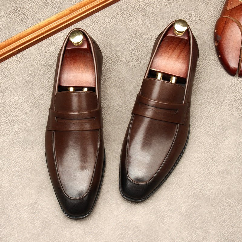 Men's Dark Burnished Penny Loafers: Pointed Toe Formal Wedding Dress Shoesyes