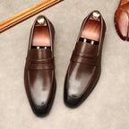 Men's Dark Burnished Penny Loafers: Pointed Toe Formal Wedding Dress Shoesyes