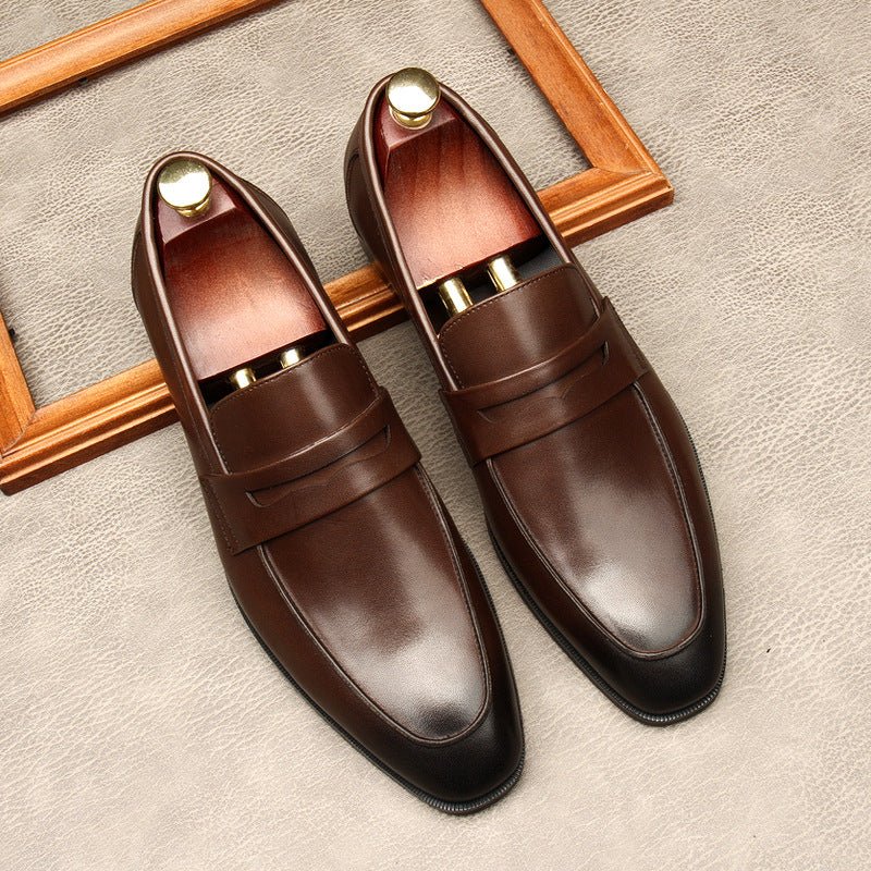 Men's Dark Burnished Penny Loafers: Pointed Toe Formal Wedding Dress Shoesyes