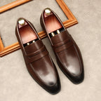 Men's Dark Burnished Penny Loafers: Pointed Toe Formal Wedding Dress Shoesyes