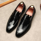 Men's Dark Burnished Penny Loafers: Pointed Toe Formal Wedding Dress Shoesyes