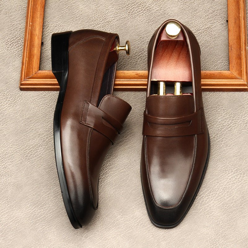 Men's Dark Burnished Penny Loafers: Pointed Toe Formal Wedding Dress Shoesyes